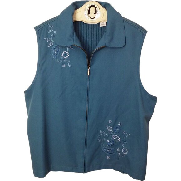 Alfred Dunner Floral Embroidered Cotton Ramie Rib-Knit Vest -16 Zipper Collar - Picture 1 of 10